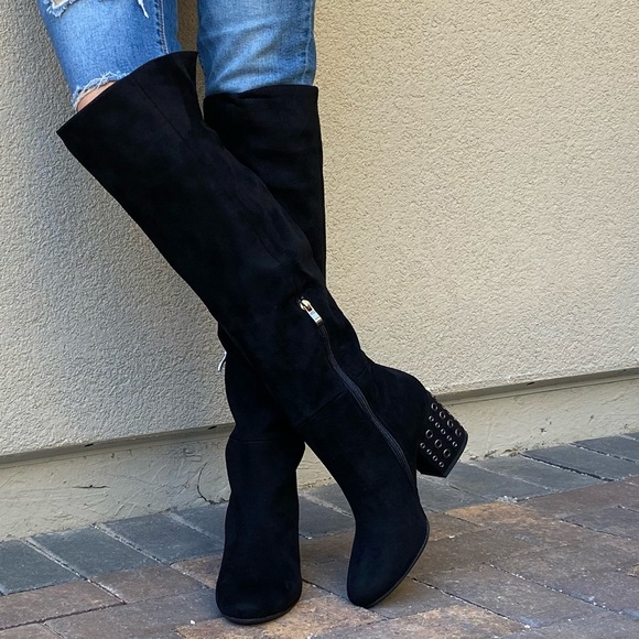 Black Studded Edgy Chunky Kitten Heel OTK Boots - Picture 5 of 8